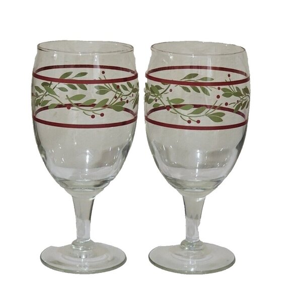 Holly Berry Holiday Goblets 7" set-2 Christmas Glasses ice tea water glassware - Picture 1 of 8